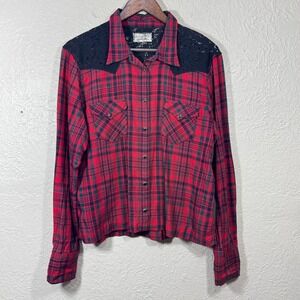 Denim & Supply Ralph Lauren Pearl Snap Top M Tartan Plaid Black Lace Western 90s